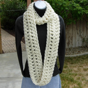 INFINITY SCARF Loop Cowl Winter White, Ivory, Light Cream Crochet Knit Extra Thick Soft 100% Acrylic, Neck Warmer..Ready to Ship in 3 Days