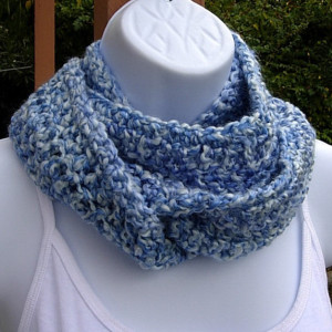Small Skinny Blue and White INFINITY SCARF Loop Cowl, Soft Crochet Knit Narrow Circle Scarf, Winter Neck Warmer, Ready to Ship in 3 Days