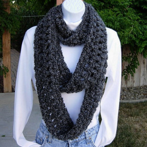 Extra Long INFINITY SCARF Loop Cowl Winter Skinny, Black Dark Gray Grey Charcoal, Soft Bulky Circle, Neck Warmer..Ready to Ship in 3 Days