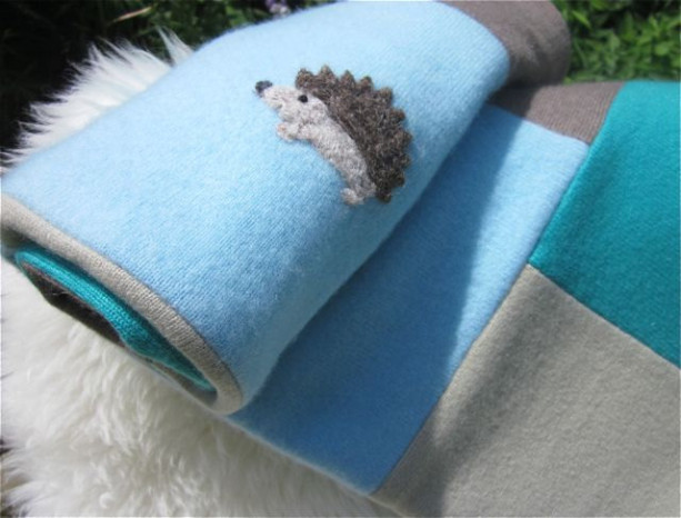 Hedgehog Baby Blanket Cashmere Wool Quilt Upcycled - Made to Order - your color choice - Heirloom baby boy or girl patchwork quilt Woodland