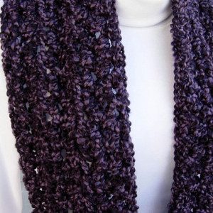 Dark Purple Infinity Loop Cowl Scarf, Chunky Bulky Extra Soft Silky Crochet Knit Eternity Circle Scarf, Thick Neck Warmer, Ready to Ship in 3 Days