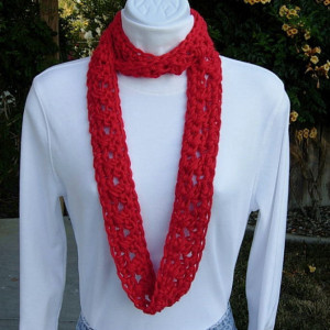 SUMMER INFINITY SCARF Bright Lipstick Solid Red,  Extra Soft Lightweight Small Cowl Skinny Loop, Crochet Necklace..Ready to Ship in 3 Days