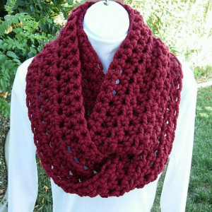 INFINITY LOOP SCARF Cranberry Dark Solid Red, Soft Wool Acrylic Winter Loop Endless Circle Cowl Wrap, Neck Warmer..Ready to Ship in 3 Days