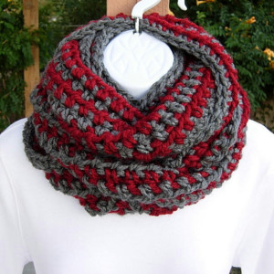 WINTER INFINITY SCARF Loop Cowl Dark Red & Charcoal Gray Grey Striped, Extra Long Soft Crochet Knit Endless Circle..Ready to Ship in 5 Days