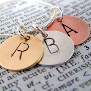Personalized hand stamped tiny tags- A Tasty Trio- sterling, brass and copper