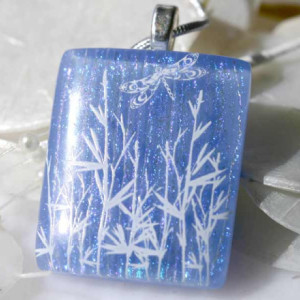 Fused Glass Jewelry - Dichroic Fused Glass Pendant Blue Dragonfly 00866