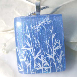 Fused Glass Jewelry - Dichroic Fused Glass Pendant Blue Dragonfly 00866