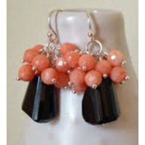Jet Black Onyx & Angelskin Coral gemstone earrings. Sterling silver,coral earrings, onyx earrings, black and coral,angelskin coral, earrings
