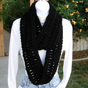 INFINITY LOOP SCARF Solid Basic Black, Extra Soft Warm Crochet Knit 100% Acrylic Winter Cowl Endless Circle Wrap, Ready to Ship in 3 Days