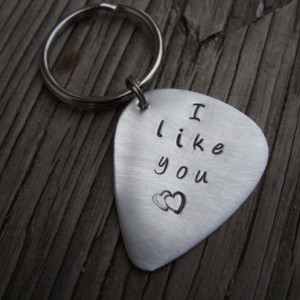 Hand stamped sterling silver guitar pick key chain custom gift