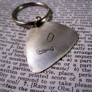 Hand stamped sterling silver guitar pick key chain custom gift