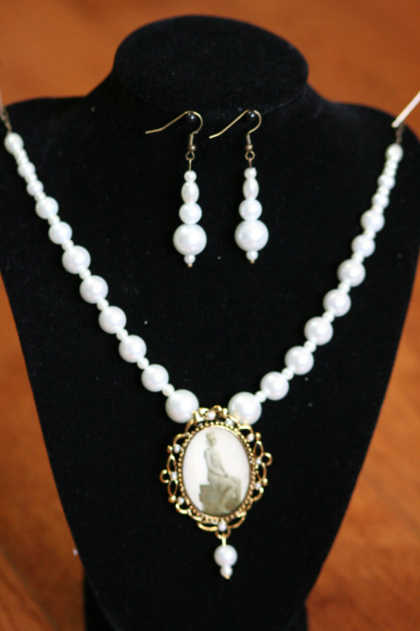 White Pearl, cameo style, Necklace and Earring Set OOAK