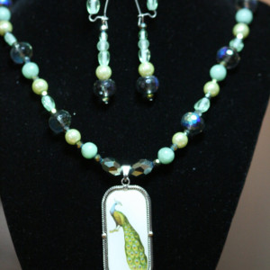 Green Peacock green glass beads and glass pearls Necklace and Earring Set OOAK