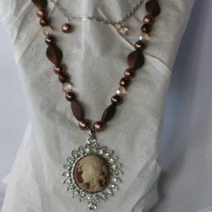 Cocoa colored beads and chocolate crystals, with cocoa glass pearls, Cameo Necklace and earring set.  OOAK