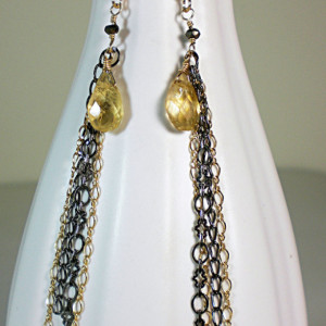 Gunmetal and Gold Chain Earrings with Citrine long linear Earrings,linear earrings,citrine earrings, black and gold,long drop earrings,chain