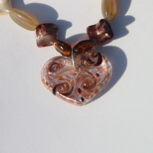  Browns, amber, glass beads & stones Heart of Glass Necklace and Earring set.  OOAK