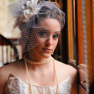 Silk Flower Feather Beaded Birdcage Veil and Fascinator with Rhinestone Center