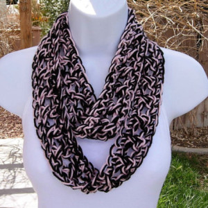 SUMMER SCARF Infinity Loop, Black & Light Pink, Soft Small Lightweight Skinny Narrow Cowl, Large Crochet Necklace..Ready to Ship in 3 Days