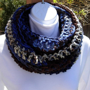 COWL SCARF Infinity Loop, Blue White Brown Stripes, Striped Crochet Knit Winter Circle Wrap Soft Bulky 100% Acrylic..Ready to Ship in 3 Days