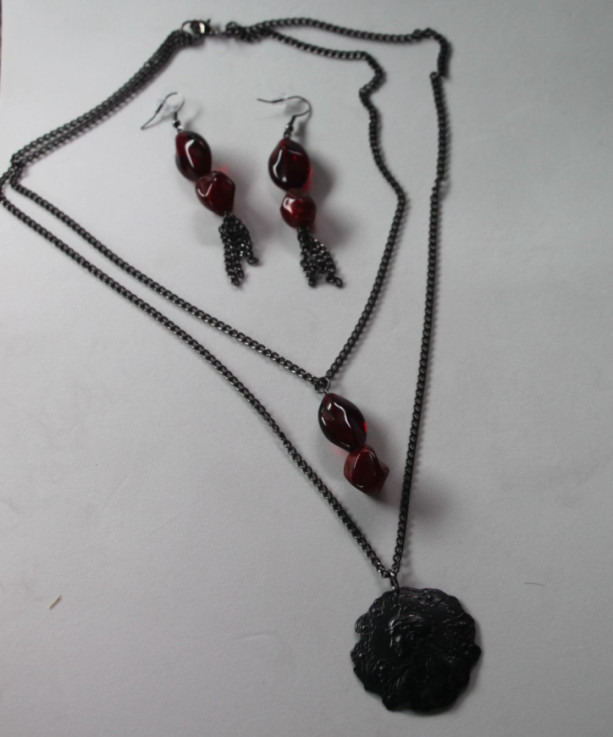 Black & Red medallion necklace and earring set.  OOAK