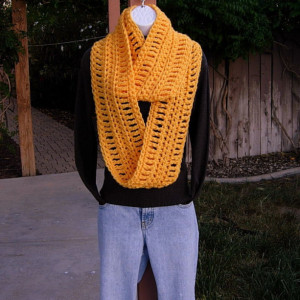 Long INFINITY SCARF Cowl Loop, Solid Orange Yellow Extra Soft Warm Bulky Crochet Knit Winter Eternity Circle 100% Acrylic..Ready to Ship in 5 Days