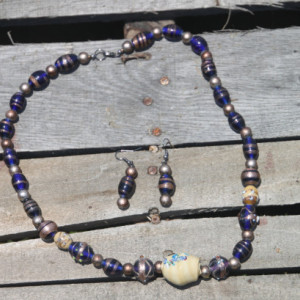 Blue Handcraft Beaded Necklace and earring set.  OOAK