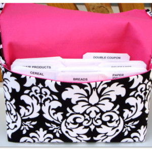 Coupon Organizer /Budget Organizer Holder  / Attaches To You Shopping Cart - Black and White Dandy Damask - Hot Pink Lining