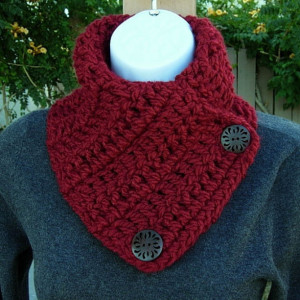 NECK WARMER SCARF Buttoned Cowl Solid Dark Deep Red, Large Wooden Buttons Extra Soft Crochet Knit Winter Scarflette..Ready to Ship in 3 Days