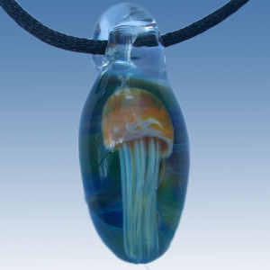 Amber Purple Glass Jellyfish Pendant, Necklace, on Blue