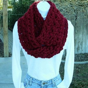Women's Dark Solid Red INFINITY LOOP SCARF, Extra Thick Soft Bulky Warm Winter Crochet Knit Eternity Circle Cowl, Neck Warmer..Ready to Ship in 3 Days