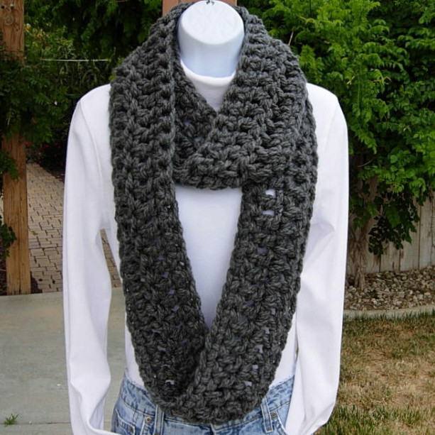 Solid Gray Bulky INFINITY SCARF Loop Cowl Solid Medium Dark Gray Grey Extra Soft Thick Crochet Knit Winter Circle Wrap, Neck Warmer, Ready to Ship in 3 Days
