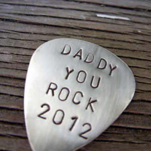 Hand stamped custom guitar pick sterling silver 22 gauge personalized gift for him