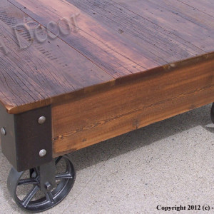 Factory Cart Coffe Table with Wheels on Corners - Reclaimed Wood - Industrial Rustic Coffee Table