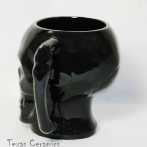 Skull Mug Jointed Bone Style Handle in Solid Black Glaze Ceramic Pottery