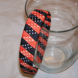 Orange & Black Dots Woven Headband - Handmade - Halloween Headband - Orange Black Swiss Dots Grosgrain Ribbon Woven Braided Headband - 1 in.