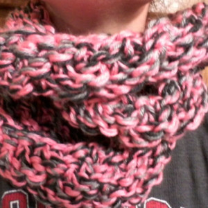 ONLY ONE AVAILABLE Knitted Woman's Infinity Scarf in Peach, Charcoal Gray and Light Gray