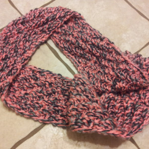 ONLY ONE AVAILABLE Knitted Woman's Infinity Scarf in Peach, Charcoal Gray and Light Gray