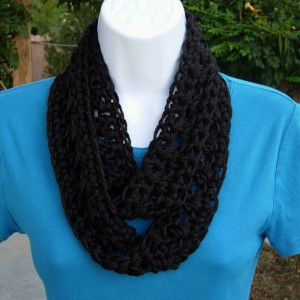 SUMMER SCARF Small Infinity Loop, Solid Black, Super Soft Lightweight Crochet Knit Endless Circle, Neck Tie, Skinny, Cowl..Ready to Ship in 2 days