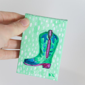 Southwestern Decor, Miniature Canvas, Cowboy Boot, Cowgirl, Pink, Blue, Green  - Original Mini Painting by Kimberly Kling