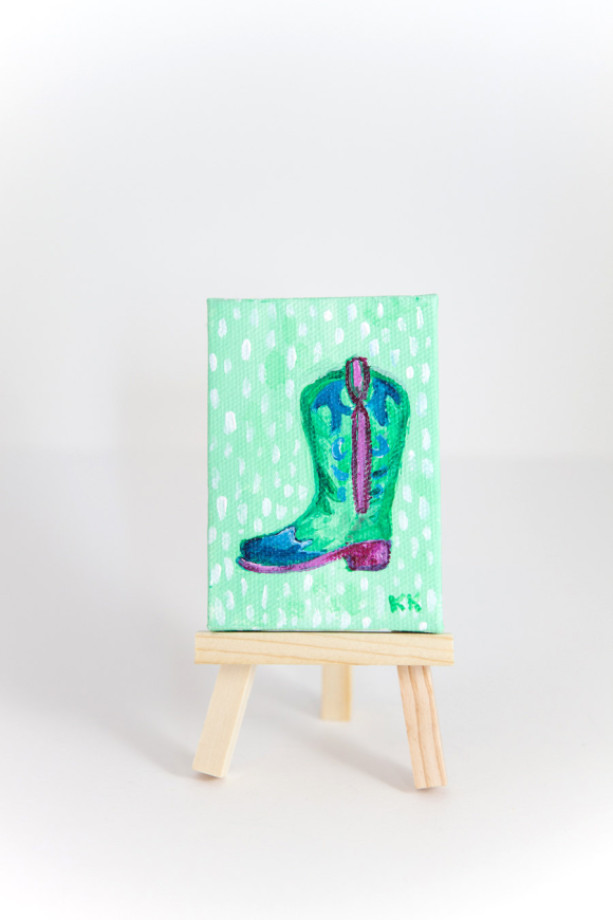 Southwestern Decor, Miniature Canvas, Cowboy Boot, Cowgirl, Pink, Blue, Green  - Original Mini Painting by Kimberly Kling