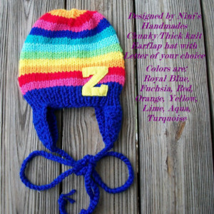 Chunky  Knit Childrens hat with  RAINBOW  stripes and Letter  of your Choice , Made in the USA, childrens bright hat, rainbow colors