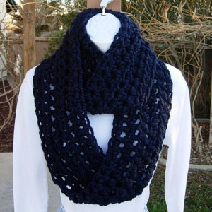COWL SCARF Infinity Loop, Navy Dark Solid Blue, Wool Acrylic Blend Crochet Knit Winter Endless Circle, Neck Warmer..Ready to Ship in 3 Days
