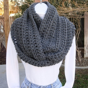 Women's Large INFINITY SCARF Loop Cowl, Solid Charcoal Grey Gray, Big Wide Soft Winter Soft Crochet Knit, Bulky Wrap, Ready to Ship in 3 - 5 Days