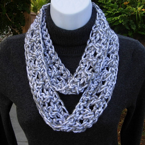 SUMMER INFINITY SCARF Light Silver Gray Grey & White, Soft Crochet Knit Loop Circle Skinny Small Crocheted Necklace..Ready to Ship in 2 Days
