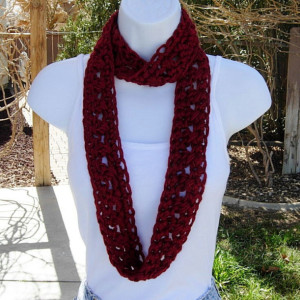 Dark Solid Red SUMMER SCARF Infinity Loop Cowl, Soft Lightweight Small Narrow Circle Crocheted Necklace, Skinny Scarf, Women's Neck Tie..Ready to Ship in 2 Days