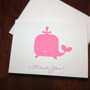 Whale Baby Shower Thank You Note Card Set, Handmade in Pink, Pink Whale Baby Shower Cards, Whale Cards, Whale Birthday Thank You