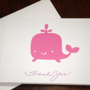 Whale Baby Shower Thank You Note Card Set, Handmade in Pink, Pink Whale Baby Shower Cards, Whale Cards, Whale Birthday Thank You