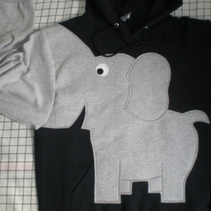 Elephant HOODIE, elephant shirt, hooded elephant sweatshirt with trunk sleeve. Black UNISEX adult LARGE, black hooded sweatshirt