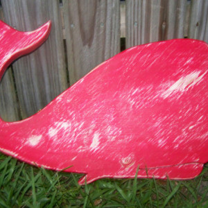 Wooden Whale 17x12 inches Distressed in Barn Red Coastal and Nautical Boys Decor
