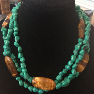 Turquoise necklace with Tigers Eye- handmade chunky multistrand turquoise necklace with real tigers eye stones